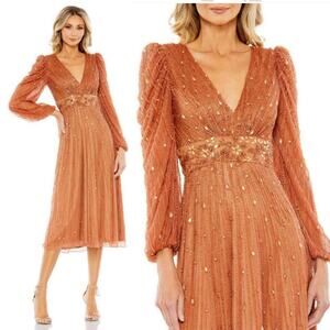 Mac Duggal 5593 Cognac Beaded Sequin Midi Dress Puff Sleeve Size 2